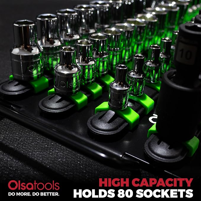 Olsa Tools 80-Slot Portable Socket Organizer Tray With Handle Green/Black | Socket Tray With Clips for 1/4-Inch, 3/8-Inch & 1/2-Inch Drive Sockets - Professional-Grade Tool Organizer - Part: 1024