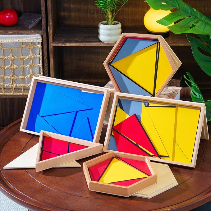 Premium Montessori Large Constructive Triangles, 5Box Set Sensorial Materials for Kids ,6.3lbs Beechwood Geometry Puzzles for Preschool Homeschool,Ages 4-7 Educational Toys, Geometry Learning Supplies