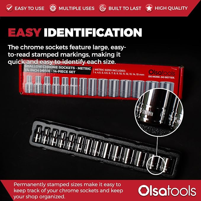 Olsa Tools 1/4-Inch Drive SAE Deep Socket Set - 14pc | 6-Point Chrome Vanadium Sockets, 4mm–15mm, No Skipped Sizes - Professional-Grade SAE Socket Sets - Part: 1328