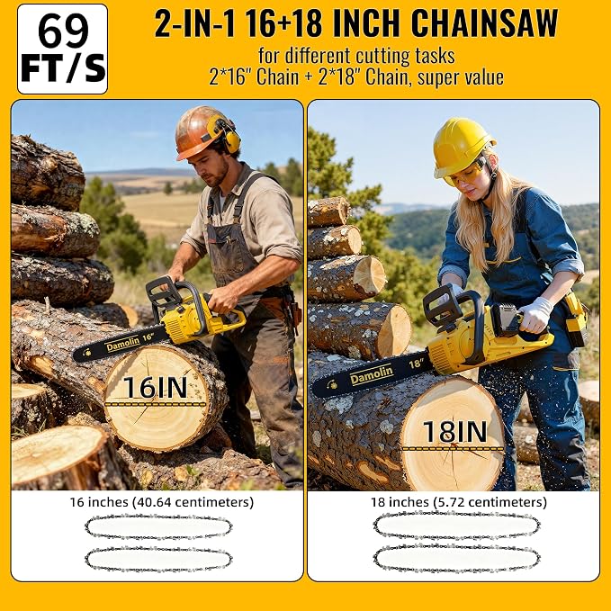40V(20V*2) 16"+18" 2-IN-1 Brushless Chainsaw Cordless, Electric Powered Chainsaw Compatible with Dewalt Battery with Auto Oiler & Safety Lock Brake, for Tree Trimming Branch Wood Cutting(ONLY TOOL)