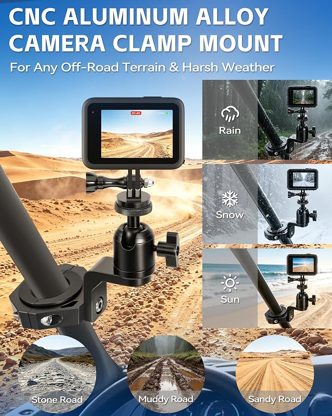 ZHILXN UTV ATV Aluminum Action Camera Clamp Mount Fits 1" - 2" Roll Bar