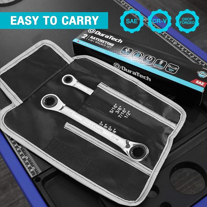 DURATECH 4-in-1 Reversible Ratcheting Box Wrench Set, SAE, 2-Piece | Double Box End, 5/16, 3/8, 7/16, 1/2-INCH & 9/16, 5/8, 11/16, 3/4-INCH, CR-V Steel, Matte Chrome Plated, Rolling Pouch