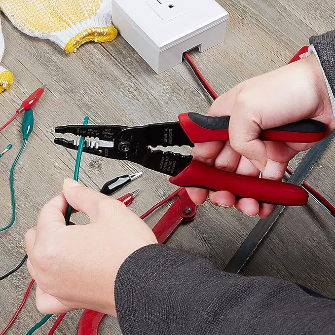WGGE WG-015 Professional 8-inch Wire Stripper/Crimping Tool, Cable Cutter/Crimper, Wiring and Multi-Function Hand Tool, Red With Black