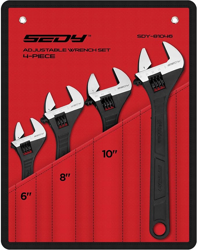 Adjustable Wrench Set Wrenches Sets: 4-Piece 6, 8, 10, 12 Inch Chrome Vanadium Steel Corrosion-Resistant Black Oxide Finish for Automotive Plumbing and Household Repairs