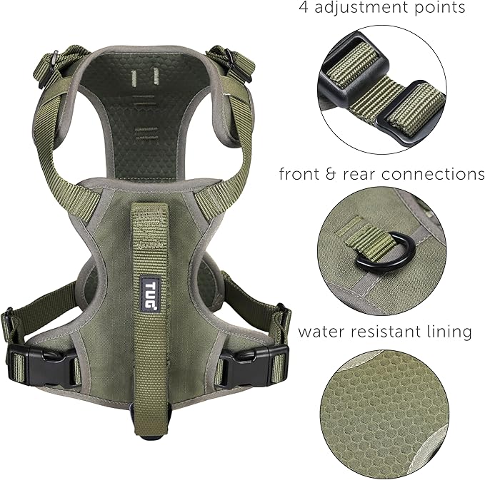 TUG Grab Dog Harness with Built-in Magnetic Traffic Leash (Small/Green) | Padded Magnetic Traffic Handle | Dual Leash Clips | 4-Point Adjustable Fit | Durable Nylon