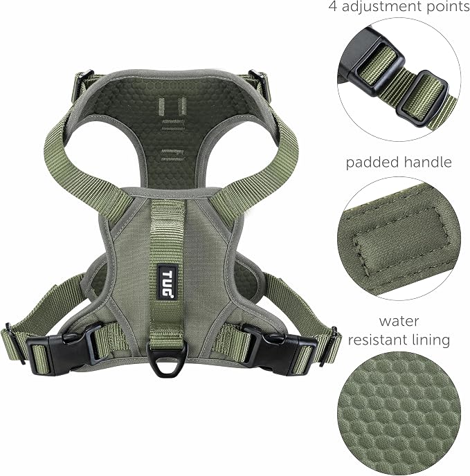 TUG No-Pull Dog Harness, 2 Leash Clips + Padded Handle (XL, Green) | Water-Resistant Padded Interior | No-Pull Front Clip | Padded Back Handle | Adjustable Straps