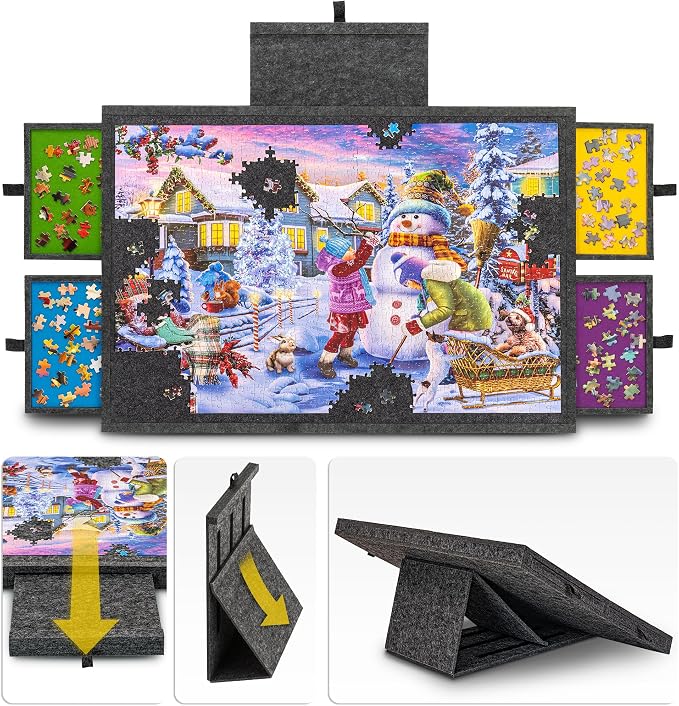 Tektalk Jigsaw Puzzle Table with Integrated Adjustable Stand/Bracket, 3-Tilting-Angle Super Lightweight Felt Puzzle Plateau Board with Cover & 4 Sorting Drawers (for Up to 1000 Pieces, Gray)