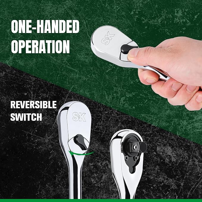 SK 3-Piece Ratchet Set, 1/4", 3/8", 1/2" Drive Ratchet, 90-Tooth Pear Head | Alloy Steel, Reversible Switch for One-Handed Operation, Heat Treated SuperKrome Finish,Enclosed Head with Contoured Handle