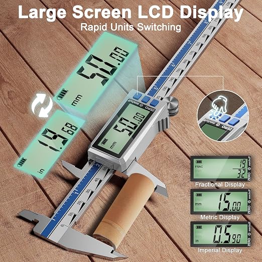 Preciva Digital Caliper 12 Inch, Rechargeable Stainless Steel Vernier Caliper with Large Display, Auto Off, Precision Inch/mm/Fraction Measuring Tool for DIY/Household/Woodworking