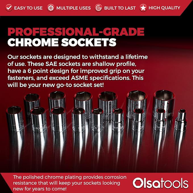 Olsa Tools 1/2-Inch Drive SAE Deep Socket Set - 18pc | 6-Point Chrome Vanadium Sockets, 3/8" to 1-1/4", No Skipped Sizes - Professional-Grade SAE Socket Sets - Part: 1324