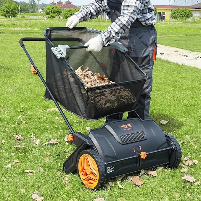 VEVOR Push Lawn Sweeper, 21inch Leaf & Grass Collector, Heavy Duty Thickened Steel Durable to Use with Large Capacity 3.5 cu. ft. Mesh Collection Hopper Bag, 2 Spinning Brushes