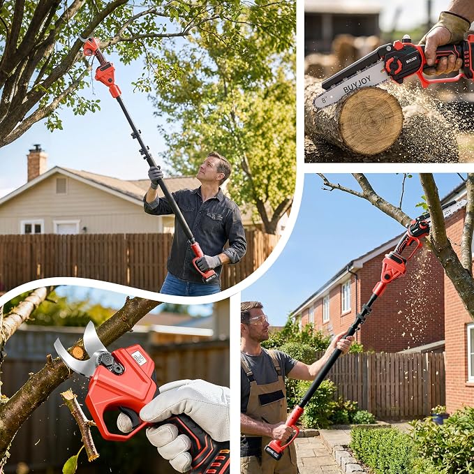 4-In-1 Electric Pruning Shears & Pole Saw Combo, 8 Inch Mini Chainsaw Cordless with 2×4.0 Ah Batteries, Extendable Tree Trimmer, 4 Modes Adjustable Branch Cutter for Garden Trimming (Red)