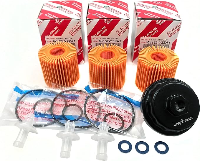 OEM GENUINE 04152-YZZA1 OIL FILTERS x 3 with APSG CRUSH WASHERS and FILTER CAP WRENCH | 2.5L 2.7L 3.5L Engine | Compatible with ES350, GS350 RX350, Camry, RAV4, Highlander, Sienna, Tundra, Tacoma +