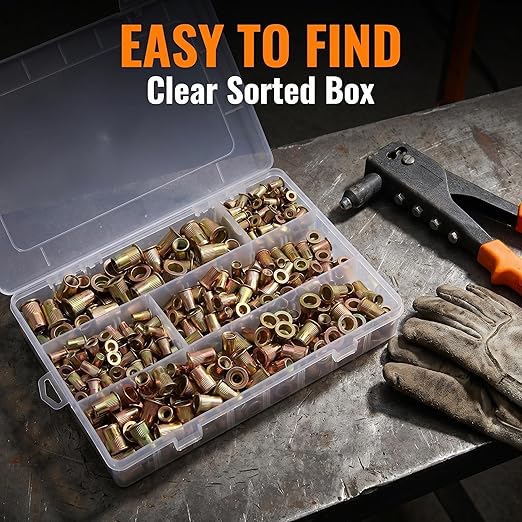 440-piece Rivet nut Tool Set, Metric Rivet nut Assortment (M3/M4/M5/M6/M8), Suitable for Decorative Applications; Ideal for use in Furniture, Automotive, Marine, and Industrial sectors