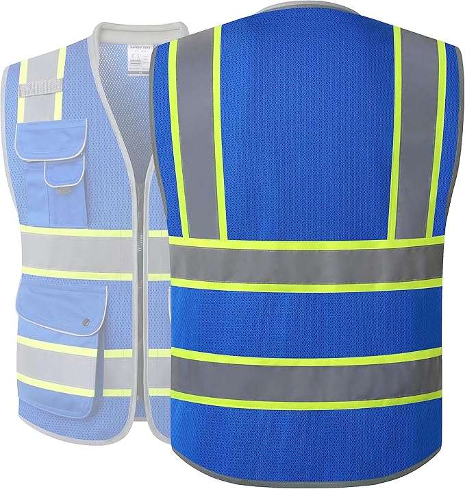 JKSafety 9 Pockets Hi-Vis Safety Vest Breathable Mesh Fabric Cushioned Collar Work Utility PPE Lightweight Industrial Work Gear ANSI/ISEA compliant (101-Blue M)