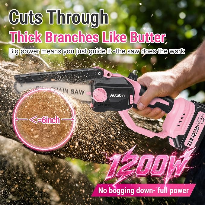 Pink 2-in-1 Cordless Pole Saw for Tree Trimming, 6-Inch Mini Chainsaw with Extension Pole, Battery Powered Pruning Saw for Small Branches, 2 x 4000mAh Batteries, Brushless Motor, Auto Oiler