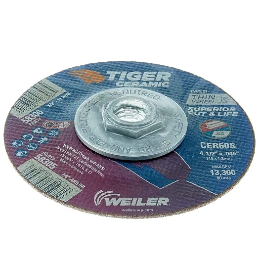 Weiler 58306 4-1/2 Inch Cutting Wheel, Tiger Ceramic Stainless Steel Superior Life & Cut Contaminant Free Max Performance Cutting, .045" CER60S Type 27 5/8"-11 Hub, Pack of 10