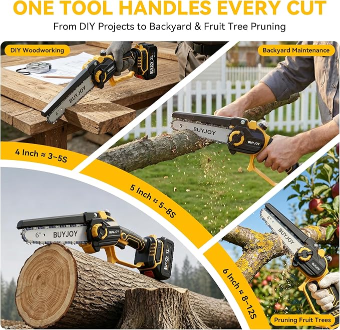 BUYJOY 2-in-1 Mini Chainsaw & Electric Pruning Shears, 1.8" Cutting Capacity, 6 Inch Cordless Chainsaw with 2 x 4.0Ah Batteries, Battery Powered Branch Cutter for Tree Trimming and Garden Pruning