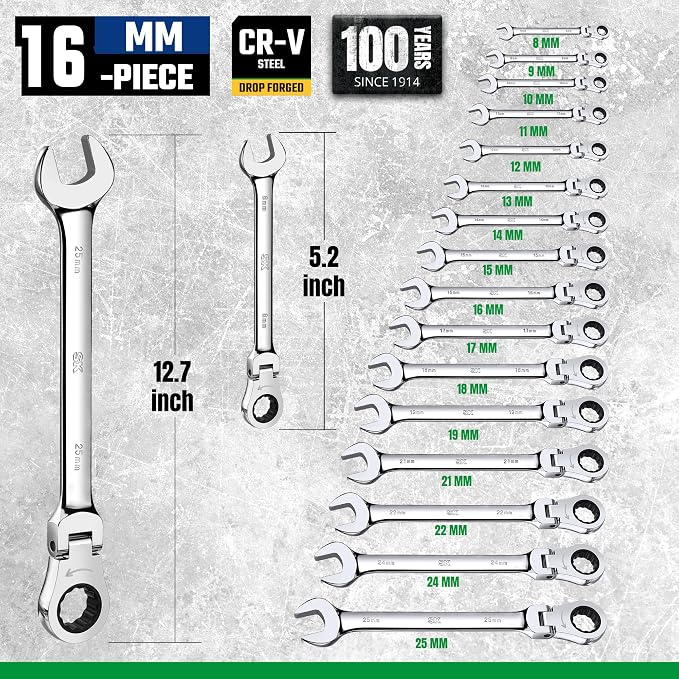 SK Flex Head Ratcheting Wrench Set, Metric 8-25mm, 16-Piece, 72-Tooth | Ratchet Wrenches Set 72-Tooth, Combination Wrench Set, Chamfered Head Design, Premium CR-V Steel, Roll-Up Pouch