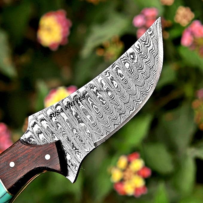 Custom Handmade 7'' fixed blade hoof rasp knife Cow boy knife Turquoise Handle Damascus steel Bull cutter, cowboy knives with pancake leather sheath (RESIN)