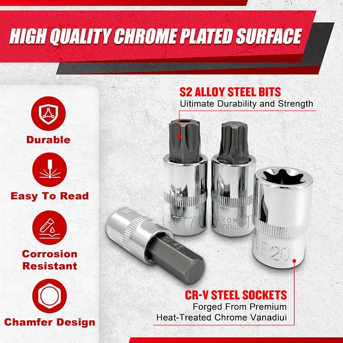 EACELIY 92PCS 1/4” 3/8”and 1/2” Allen and Bit Socket Set,Drive Torx/Tamper Proof Torx/Hex, S2 Steel &CR-V,SAE & Metric