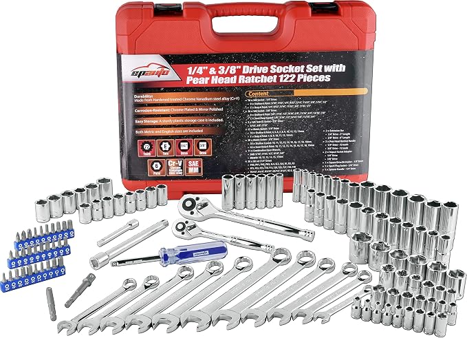 EPAuto 122 Pcs Mechanics Tool Set Drive Socket Wrench Ratchets, SAE/Metric | Mechanics Tool Set Drive Socket Wrench Ratchets, SAE/Metric, 122-Piece