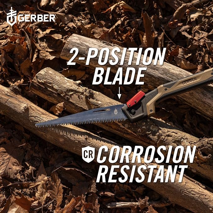 Gerber Gear Bushcraft Saw - Portable Camping Saw for Cutting Wood - Versatile Outdoor Tool w/Ergonomic Handle - 2-Position Blade - Chrome-Plated