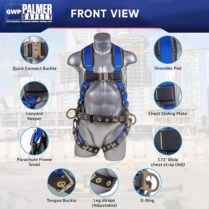 Fall Protection Hammerhead Kit I 5pt Safety Harness, 6' Double Leg Lanyard, 18" D-Ring Extender (Blue - 3XLG)