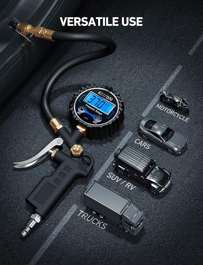 AstroAI Digital Tire Pressure Gauge with Inflator, 3-250 PSI Air Chuck & Compressor Accessories Heavy Duty with Quick Connect Coupler, 0.1 Display Resolution, 1pack
