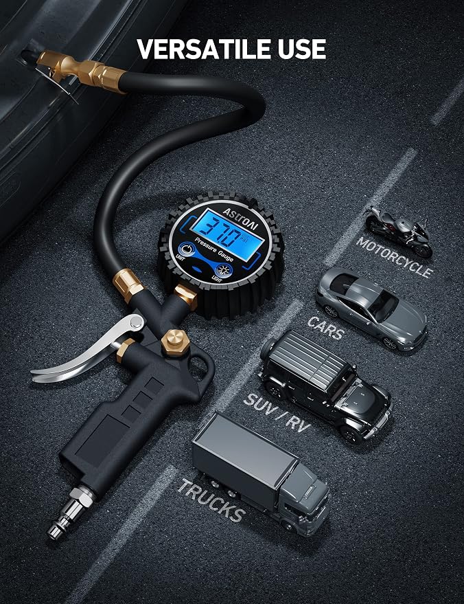 AstroAI Digital Tire Pressure Gauge with Inflator, 3-250 PSI Air Chuck & Compressor Accessories Heavy Duty with Quick Connect Coupler, 0.1 Display Resolution, 2pack