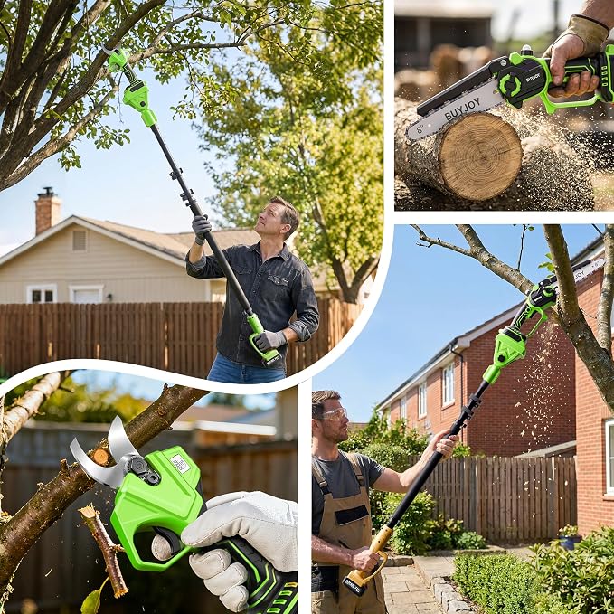 BUYJOY 4-in-1 Electric Pruning Shears & 8 Inch Pole Saw Combo, 1.8" Cutting Diameter Cordless Pruner, 2×4.0Ah Batteries, Adjustable Branch Cutter for Tree Trimming and Garden Pruning
