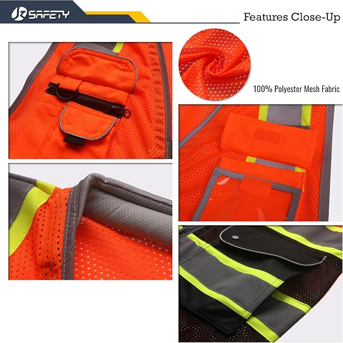 JKSafety 9 Pockets Hi-Vis Safety Vest High Visibility Reflecitive Mesh Safety Vests for Men and Women Cushioned Collar Work Utility PPE Work Gear ANSI/ISEA compliant Class 2 (101-OBlk XXL)