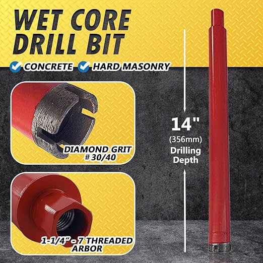 2" Wet Drill Core Bits for Concrete and Hard Masonry, 10mm Segment Height, 14" Drilling Depth, 1-1/4"-7 Arbor, Wet Only