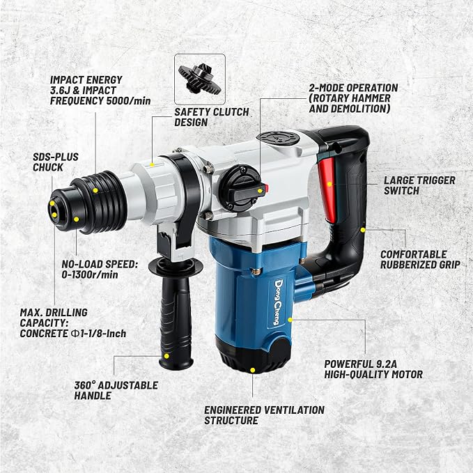 DongCheng 1-1/8 Inch SDS-Plus Rotary Hammer with 9.2A Motor, 3.6J Impact Energy, 5,000 BPM for Concrete & Demolition, Includes 3 Drill Bits, 2 Chisels, Case (Safety Clutch, 110V)