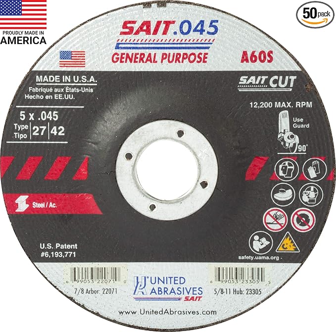 United Abrasives-SAIT 22071 A60S General Purpose Cut-Off Wheels (Type 27/Type 42 Depressed Center) 5" x .045" x 7/8", 50-Pack