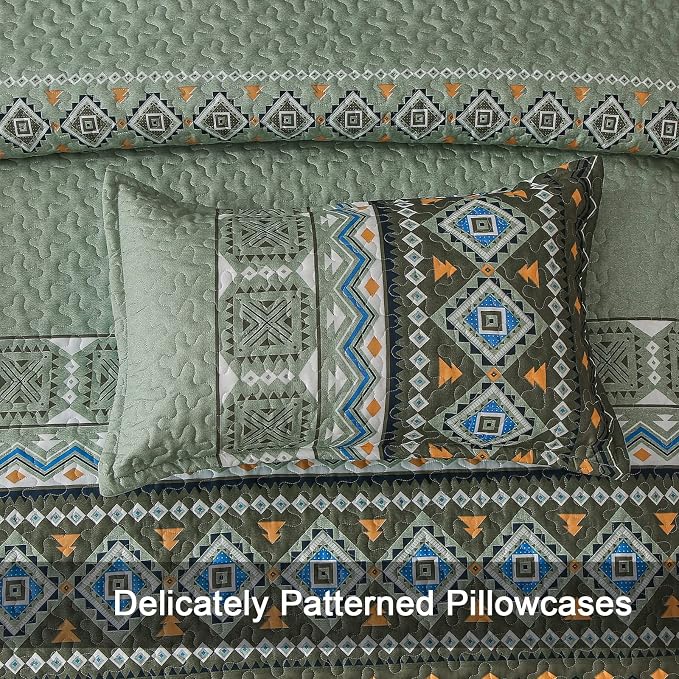 WONGS BEDDING Boho Green Quilt Set Queen,3 Piece Olive Green Fall Bedspread Coverlet Set with Geometry Printed for All Season,Lightweight Morden Bohemian Bedding Set 96"×90"