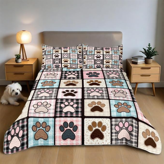 Patchwork Quilt Set King Size, Pink Dog Paw Bedspread, Soft Lightweight Microfiber Bedding Set, Farmhouse Rustic Coverlet, All Season 3 Piece (Pink Dog Paw, King(90"x104"))