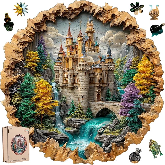 MEATRN Castle 200 Pieces Wooden Puzzles for Adults - Majestic Autumn Castle Landscape Jigsaw Puzzles, Premium Stress Relief Brain Teaser & Premium Decorative Gift, 11.2x11.2 in