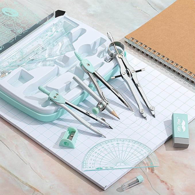 Mr. Pen- Geometry Set, 13 pcs, 3 Metal Compasses, Protractor, 6" Ruler, 45° & 30°/60° Set Squares, Pencils, Lead Refills, Sharpener & Eraser for Math, Drafting & Classroom Use