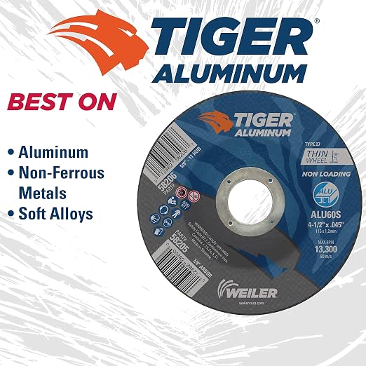 Weiler 58205 4-1/2 Inch Cutting Wheel, Tiger Aluminum Non-loading Contaminant-free High Performance Cutting, .045" ALU60S Type 27 7/8" Arbor, Pack of 25