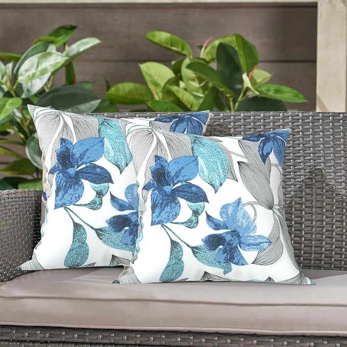 LVTXIII Outdoor Throw Pillows, Decorative Throw Pillows with Inserts, 16"x16" Square Pillows for Bed, Couch, Sofa and Patio Furniture, Set of 2, Clemens Noir Blue