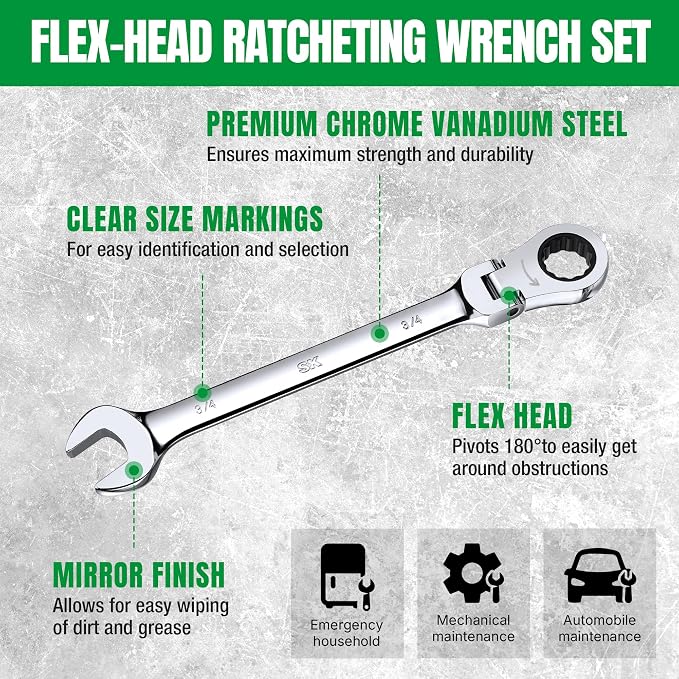 SK Flex Head Ratcheting Wrench Set, SAE 5/16" to 3/4", 8-Piece, 72-Tooth | Ratchet Wrenches Set, Combination Wrench Set, Chamfered Head Design, Premium CR-V Steel, Rack Organizer