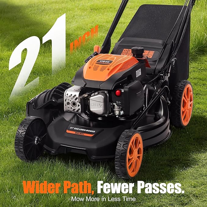 Self-Propelled Gas Lawn Mower - 21 inch with 170cc 4-Stroke Engine, 7-Position Cutting Height, 3-in-1 Versatile Mulching Bagging Discharging, 1.9 Bushels Large Grass Collector, EPA Compliment