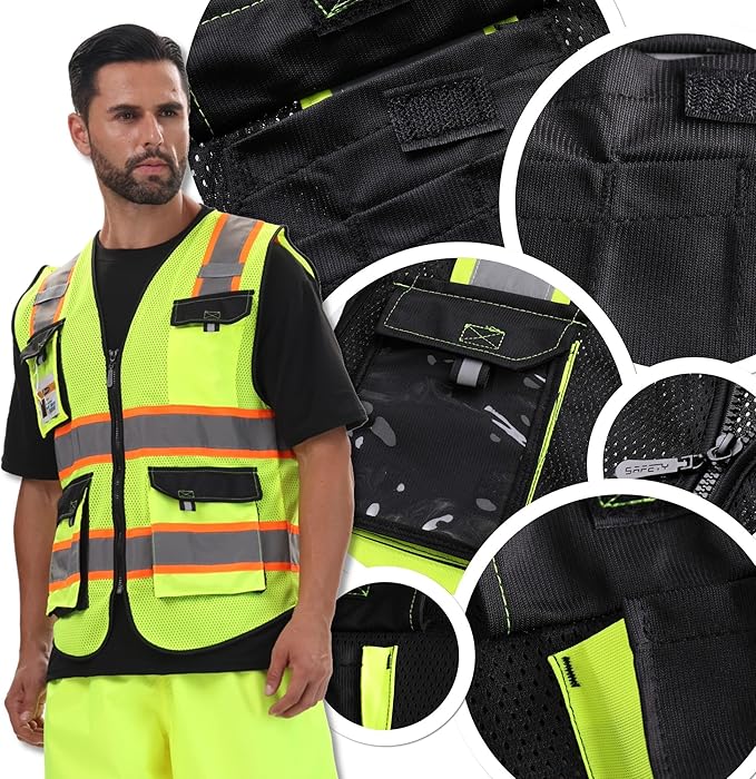 JKSafety Hi Vis Reflective Safety Vests for Men Women High Visibility Vest with Pockets Mesh Fabric Construction Safety Apparel Neon Vest for Work (220-Black L) (Pack of 2)