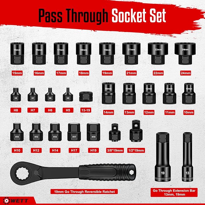 WETT 3/8-Inch Pass Through Socket Set, 28Pcs Metric Go Through Reversing Ratchet Socket Wrench Kit, Sockets, Bits, Adapters, Extension bar