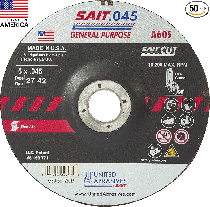 United Abrasives-SAIT 22047 A60S General Purpose Cut-Off Wheel (Type 27/Type 42 Depressed Center) 6" x .045" x 7/8", 50-Pack