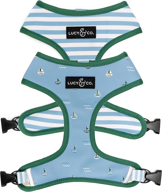 Lucy & Co. Reversible Dog Harness - Water-Repellent Neoprene, Dual-Print Design, Easy Swap Style, Adjustable Comfort Fit - Set Sail Reversible Harness - X-Small