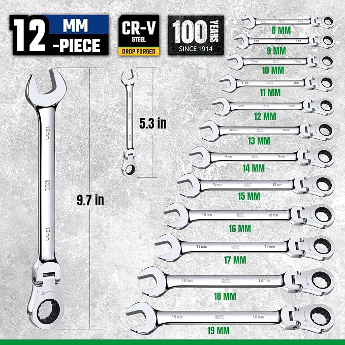 SK Flex Head Ratcheting Wrench Set, Metric 8 to 19mm, 12-Piece, 72-Tooth | Ratchet Wrenches Set, Combination Wrench Set, Chamfered Head Design, Premium CR-V Steel, Rack Organizer