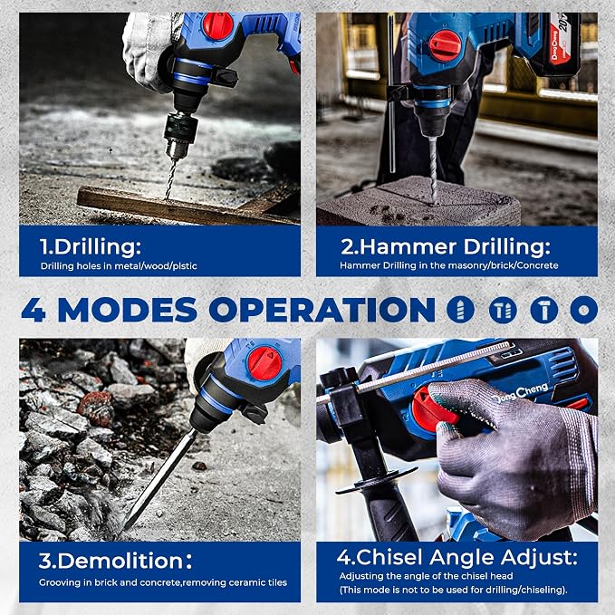 DongCheng 20V Max Brushless Rotary Hammer Drill, 7/8" SDS-Plus, 2.1 J Impact, 4 Modes, 4,500 BPM, Cordless with 2x4.0Ah Battery, Fast Charger, 4 Bits, Case for Concrete Drilling & Demolition