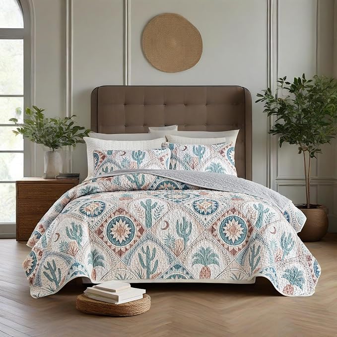 Quilts for Queen Bedding Set Green Bedspreads - Soft Lightweight Breathable Bedspread Comforter - Boho Cottagecore Cactus Coverlet for All Season - 3 Pieces (New-Boho Cactus, Queen)